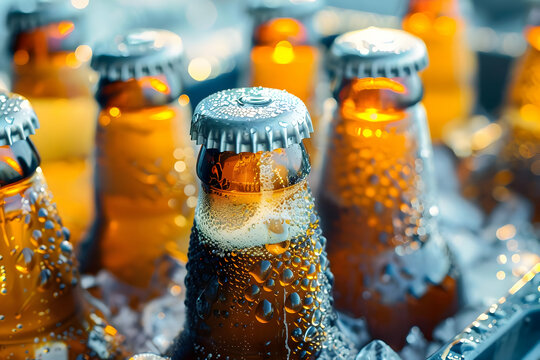 Close-up of cold beer bottles with condensation, placed in an ice bucket. Perfect for refreshing drinks and summer party themes.