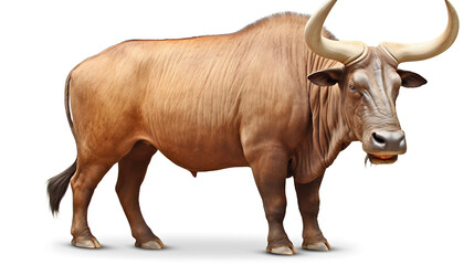 Large, reddish-brown bull with prominent horns.
