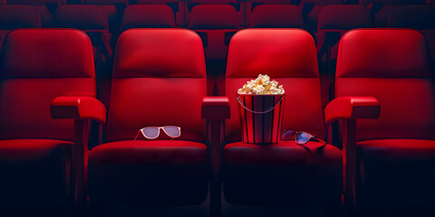 Naklejka premium Empty movie theater seats with red chairs and a bucket of popcorn, captured in a cinematic ambiance with glasses and a mobile phone.