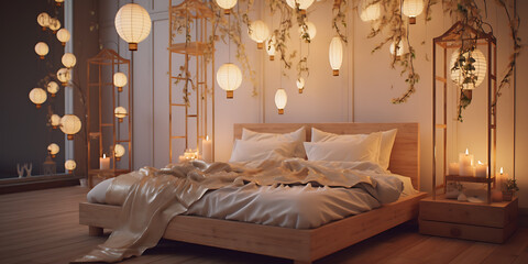 Cozy bedroom with warm lighting and soft decor.
