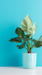 Green plant in light blue pot against teal wall.
