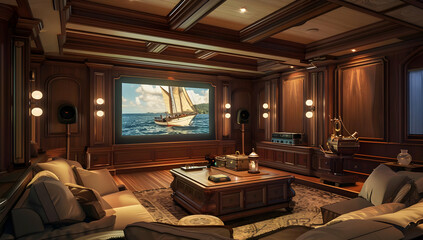 Luxurious home theater with wooden decor, large screen projector displaying a sailing ship, and comfortable seating in a cozy ambiance.