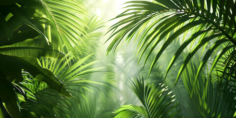 Obraz premium Lush green tropical jungle with sunlight streaming through palm leaves, creating a tranquil and vibrant natural setting perfect for nature themes.