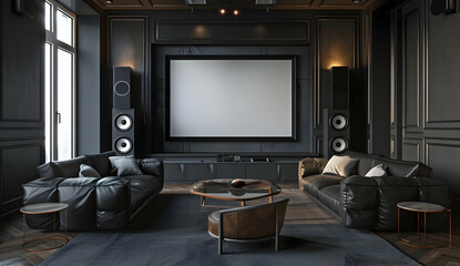 Fototapeta premium Luxurious home theater room with leather sofas, large screen, and modern decor for the ultimate movie-watching experience.