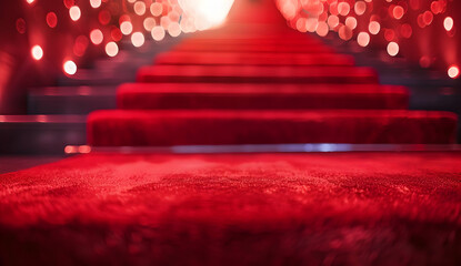 Luxurious red carpet staircase with bokeh lights creating an elegant and glamorous ambiance, perfect for events and special occasions.