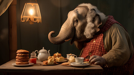 Elephant in human clothing enjoys a meal.
