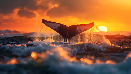 Majestic whale tail emerging from ocean waves at sunset, creating a serene and breathtaking natural spectacle.