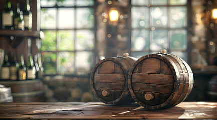 Rustic wooden barrels in a cozy, dimly lit winery interior, evoking a warm, vintage atmosphere perfect for aging wine or spirits.