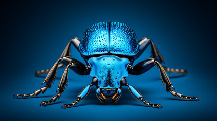 Brilliant blue beetle, intricate details, dark backdrop.
