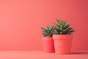 Two small succulents in terracotta pots against a coral background.
