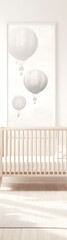 Three light gray balloons float against a white wall.
