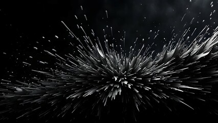 Black and white abstract 3D rendering of a firework-like explosion with a dark background