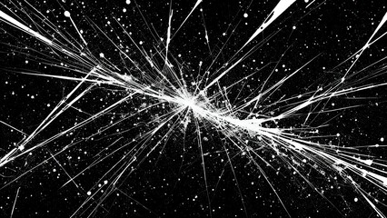 Black and white abstract painting resembling a cosmic explosion or shattered glass.