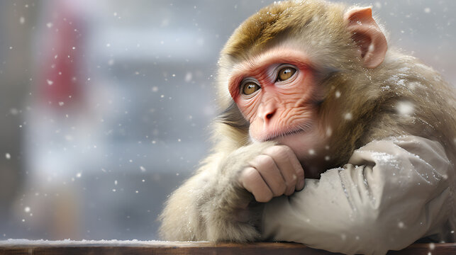 A pensive monkey, resting in the snow.
