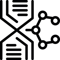 Black and white icon of a dna chain connecting with a molecule, representing data science innovation in genetic engineering