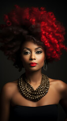 A woman with red and black hair, gold jewelry, and red lipstick, exuding confidence and beauty, for fashion and beauty brands. 

