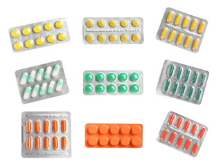Set of different antibiotics in blisters isolated on white