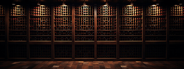 Dark, empty wine cellar shelves.