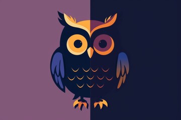 Fototapeta premium Colorful vector illustration of an owl on a split purple and dark background, ideal for design and decorative purposes.
