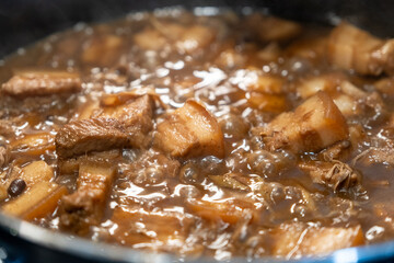 Philippine Top Dish which is the Pork Adobo. This is a bisaya sweet version which is the Pork Humba with Tausi beans and Banana Blossom