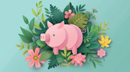 Fototapeta premium Illustration of a pink pig surrounded by vibrant flowers and leaves, creating a whimsical and nature-themed design.