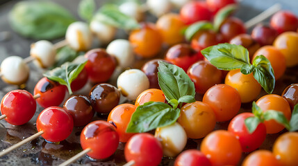 Colorful tomato and mozzarella skewers with basil.
