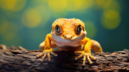Orange gecko on a log, close-up view.
