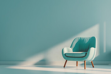 Teal armchair in sunlit room, minimalist style.
