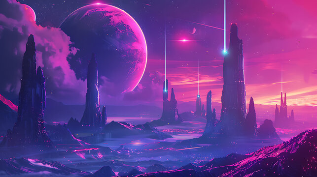 A futuristic cityscape with pink and purple hues, evoking a sense of wonder and mystery in a fantasy world. 
