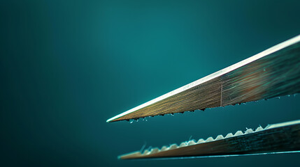 Sharp silver scissors on a teal background, a minimalist abstract image for a modern design. 