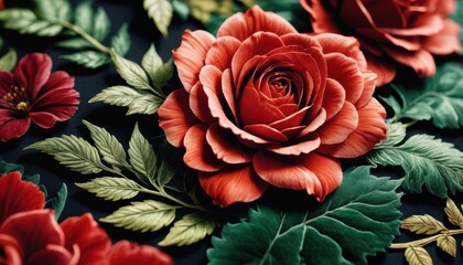 Close-Up of a Red Rose with Green Leaves.