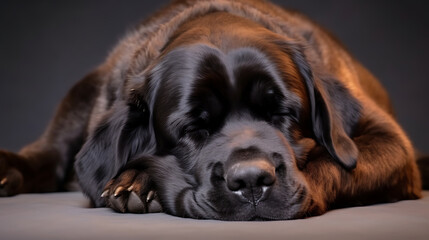 Black Labrador Retriever sleeping peacefully on a grey background, showcasing brown, black, and grey colors in a soft, intimate style, conveying a sense of tranquility and relaxation. 