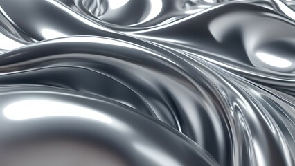 Fototapeta premium Metallic silver waves of liquid metal, abstract 3D rendering of a smooth metal surface