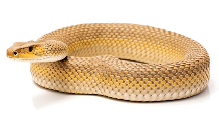Fototapeta premium A yellow, brown, and white snake with a scaly texture, coiled on a white background, perfect for nature, wildlife, and reptile themed projects. 