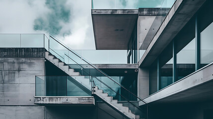 Modern architecture, concrete, glass, and blue, minimalist design,  evokes a sense of sleekness and sophistication.  