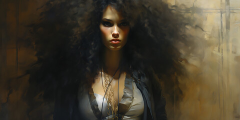 A mysterious woman with dark hair, brown eyes and a white top, evoking a sense of intrigue and mystery, perfect for a fantasy or thriller themed project. 
