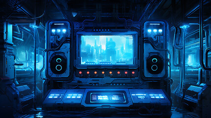 Obraz premium Futuristic control panel, city view on screen, glowing blue lights. 