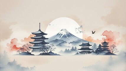 japan landmark,vintage watercolor style.