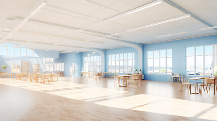 Light blue walls, wooden tables and chairs, and bright sunlight create a spacious and airy modern office space. 
