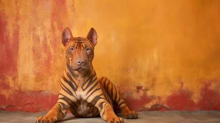 A tiger striped dog with brown, black and white stripes, lying on a textured orange background, evoking a sense of playful curiosity and the spirit of the wild. 
