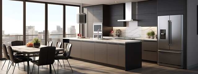 Modern kitchen design with black, grey and white cabinets, evoking luxury, sophistication and a contemporary lifestyle. 
