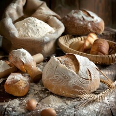 Artisan bakery scene with fresh bread and flour on a wooden surface