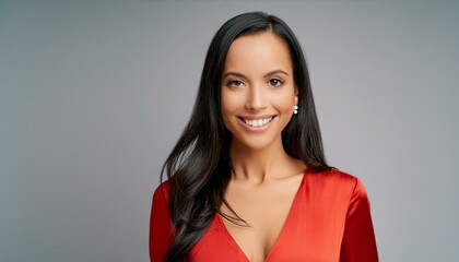Obraz premium A cheerful young professional woman with shoulder-length black hair and a radiant smile, dre