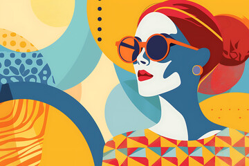 A stylish woman in sunglasses, red hair, and a yellow and blue geometric pattern shirt, summer fashion, vibrant colors, and a carefree attitude. 
