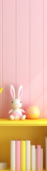 Fototapeta premium A cute pink bunny, yellow books, and a pastel yellow egg on a yellow shelf against a pink wall, perfect for a nursery or children's room. 