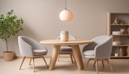  A cozy meeting space with a round wooden table, cushioned fabric chairs in a light gray tone