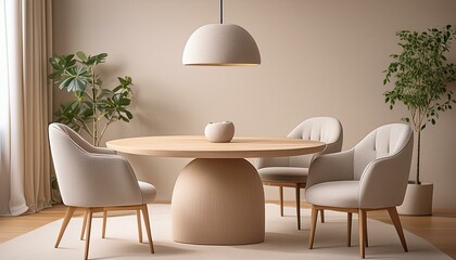  A cozy meeting space with a round wooden table, cushioned fabric chairs in a light gray tone