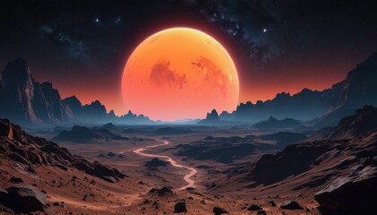 Alien Landscape with Giant Red Sun