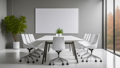 A minimalist meeting room with a white table, modern plastic chairs, and a large whiteboard