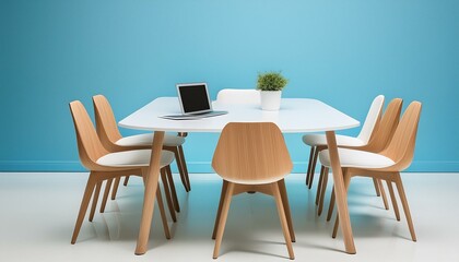 A minimalist meeting space featuring a white rectangular table, wooden chairs with cushions
